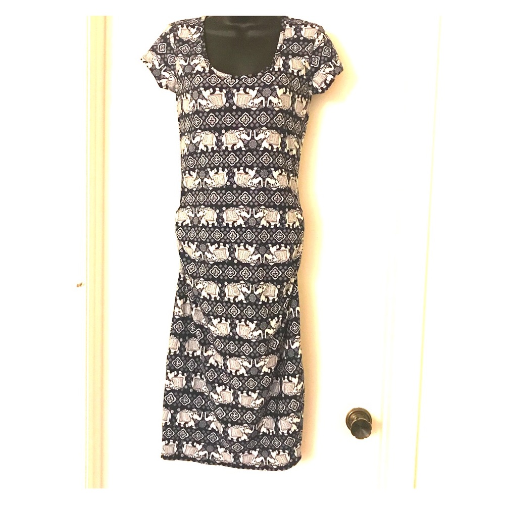 Elephant print blue and white midi dress